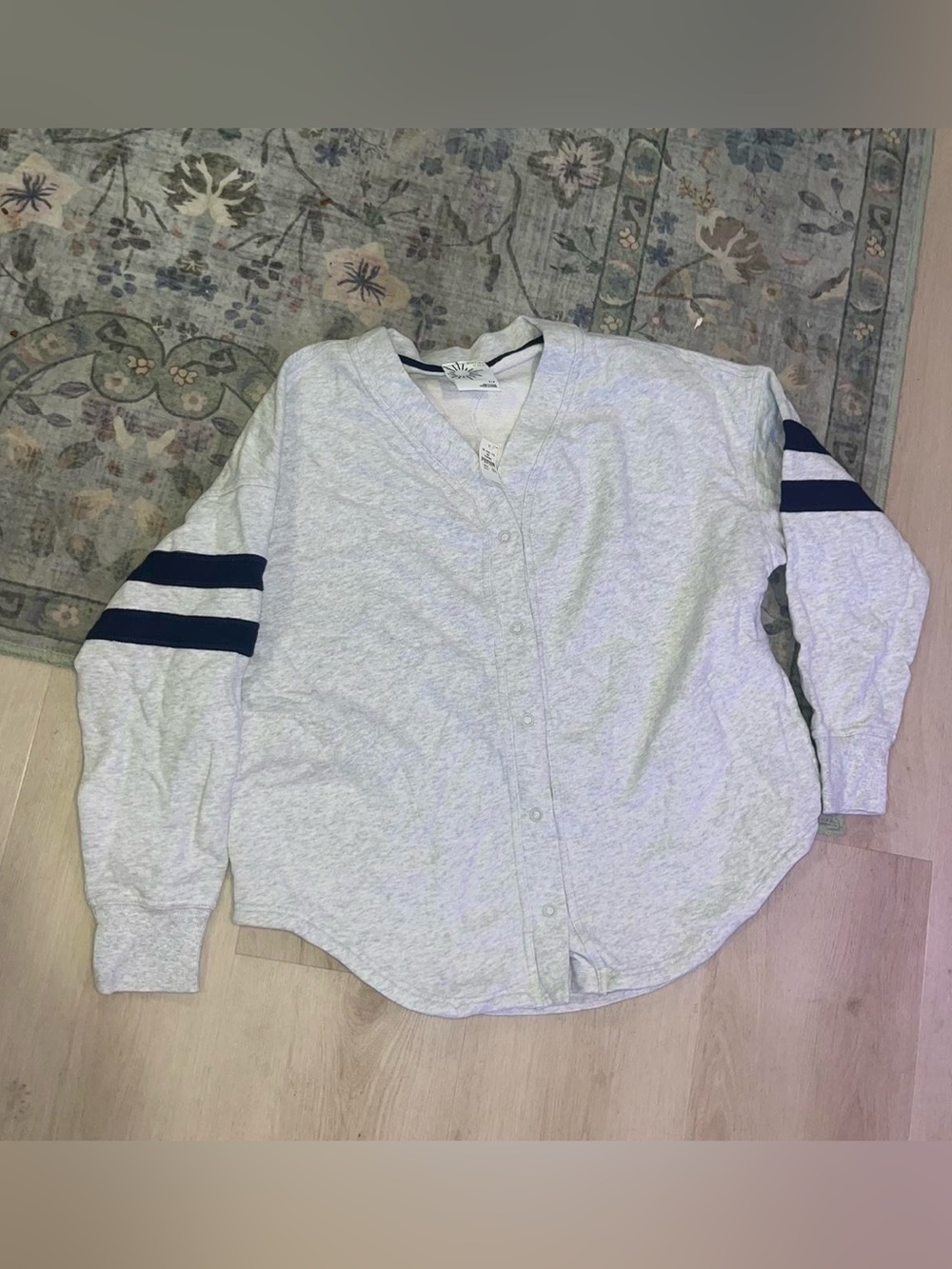 aerie Light Gray Button-Front Cardigan with Navy Stripes